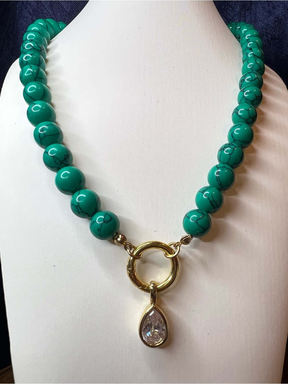 Green Beaded Necklace with Gold CZ Pendant NWOT